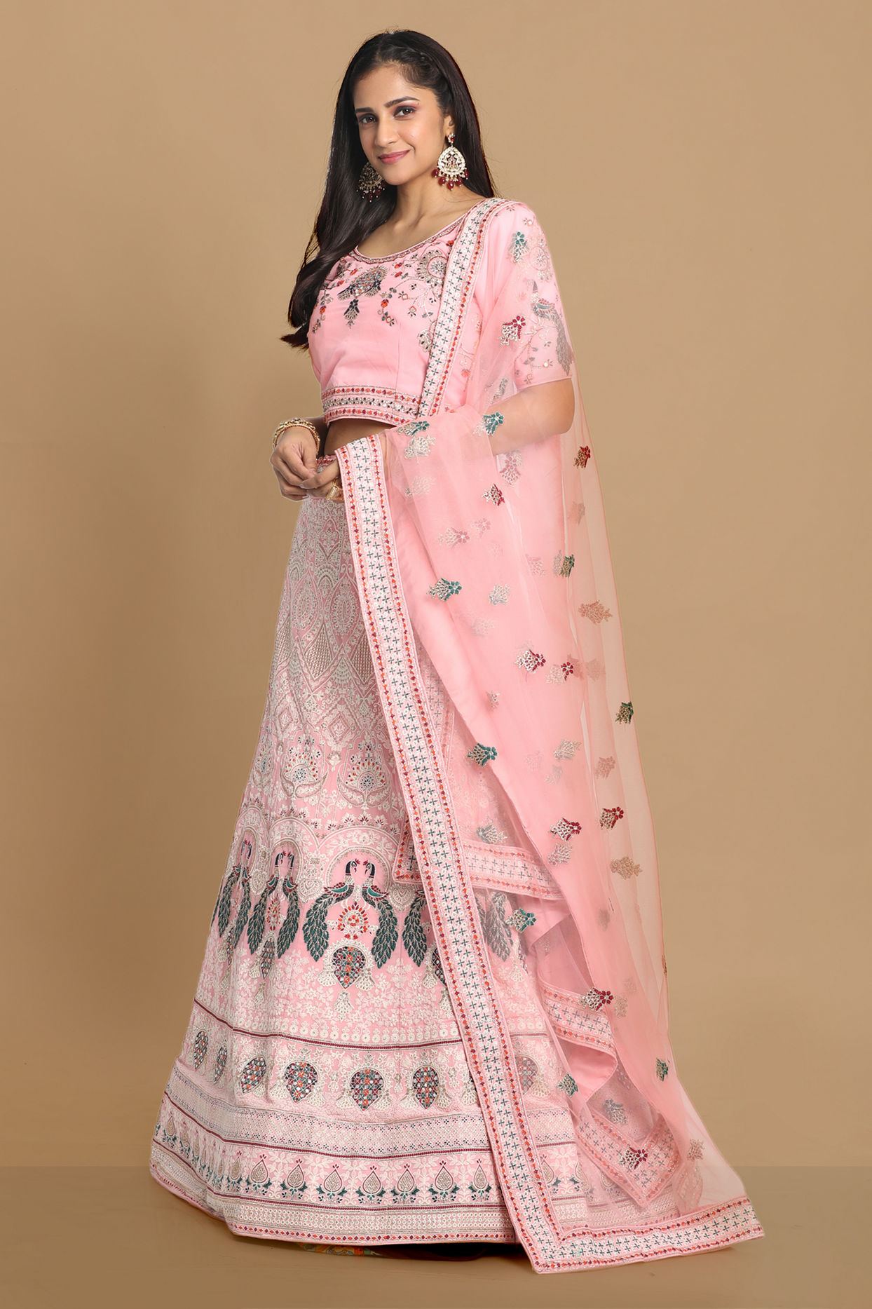 alt message - Mohey Women Light Pink Georgette Lehenga image number 2